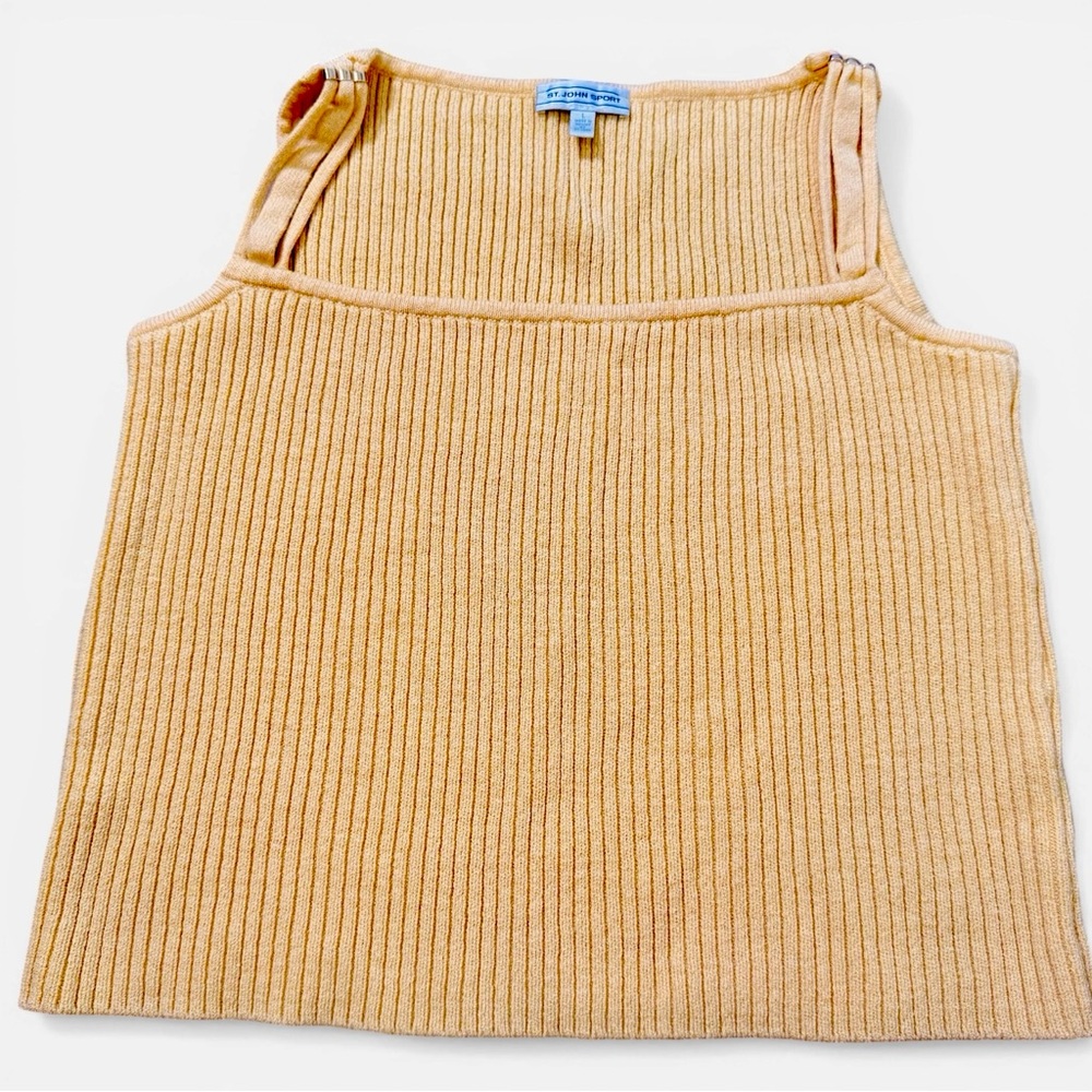 St. John Sport Yellow Square-neck Ribbed Knit Tank Top Womens Large Gold Accent